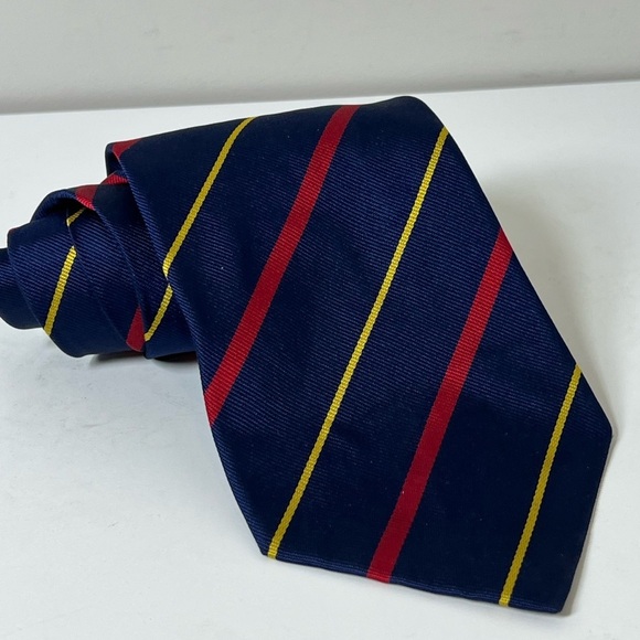 Polo Ralph Lauren Made by Hand 100% Silk Vintage Retro Navy Blue Striped Tie - Picture 1 of 8